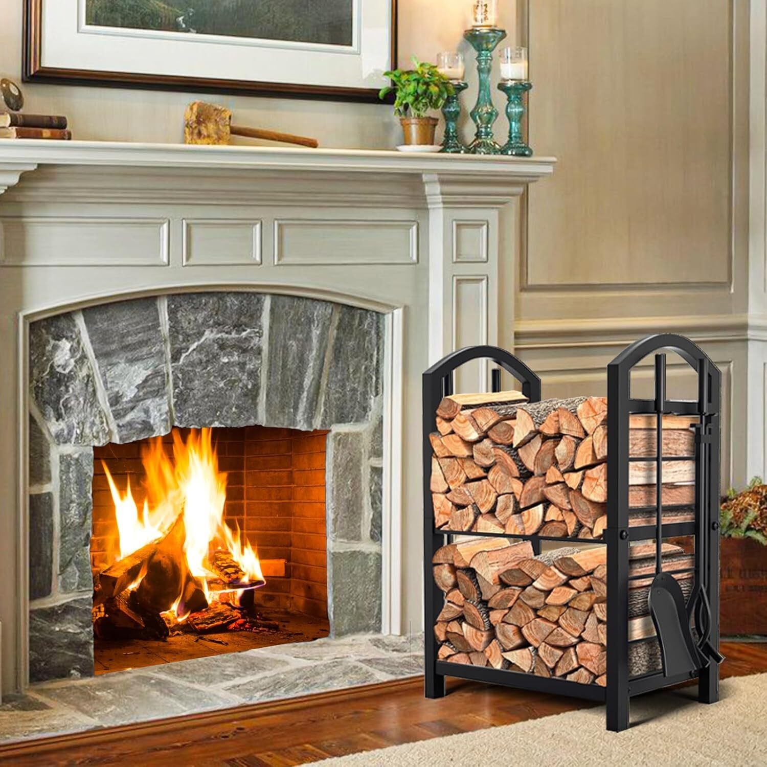 Firewood Rack with Tools 5-Piece Indoor Fireplace Wood Holder Outdoor Log Holder