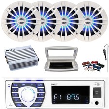 Pyle 1-DIN Marine MP3 Receiver W/Cover, 4x 6.5" 180W Max Speakers, Amplifier