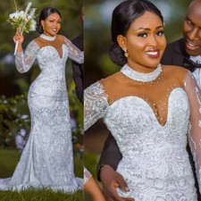 Gorgeous Mermaid Wedding Dresses High Neck Long Sleeves Lace Applique Bride Gown