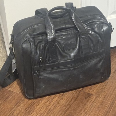 TUMI Alpha Deluxe 9201D3 Black Leather Wheeled Rolling Laptop Briefcase Carry-On