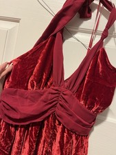 GUESS SEXY HALTER CHIFFON DRAPE BUST~RED SILK HOLIDAY CLUBPARTY RED VELVET DRESS
