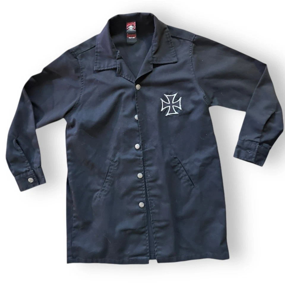 Vintage Lucky 13 Shirt Jacket Black Graphics Print Back USA Made Devil Kustom - Image 3 of 4