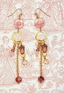 Authentic Bohemian Pink Cottagecore Floral Charms Long Glass In Gold Plated Earrings