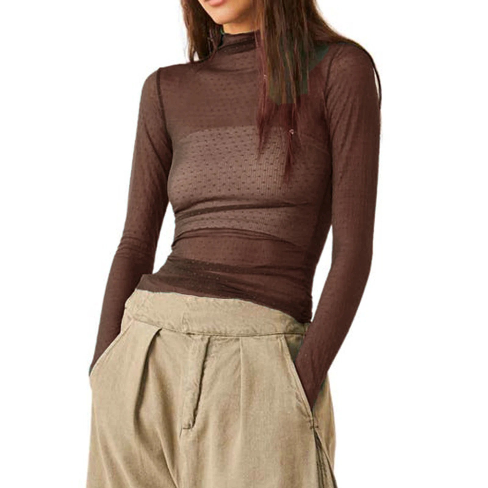 Women Sheer Mesh T-Shirts Mock Neck Long Sleeve Crop Tops Retro See Through