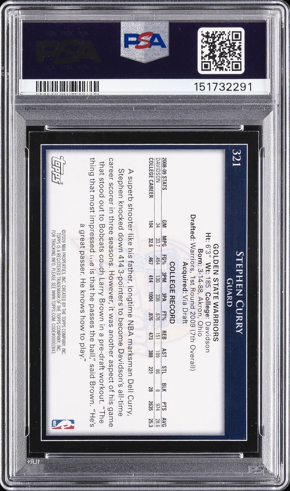 2009 TOPPS #321 STEPHEN CURRY ROOKIE RC PSA 8 view 2