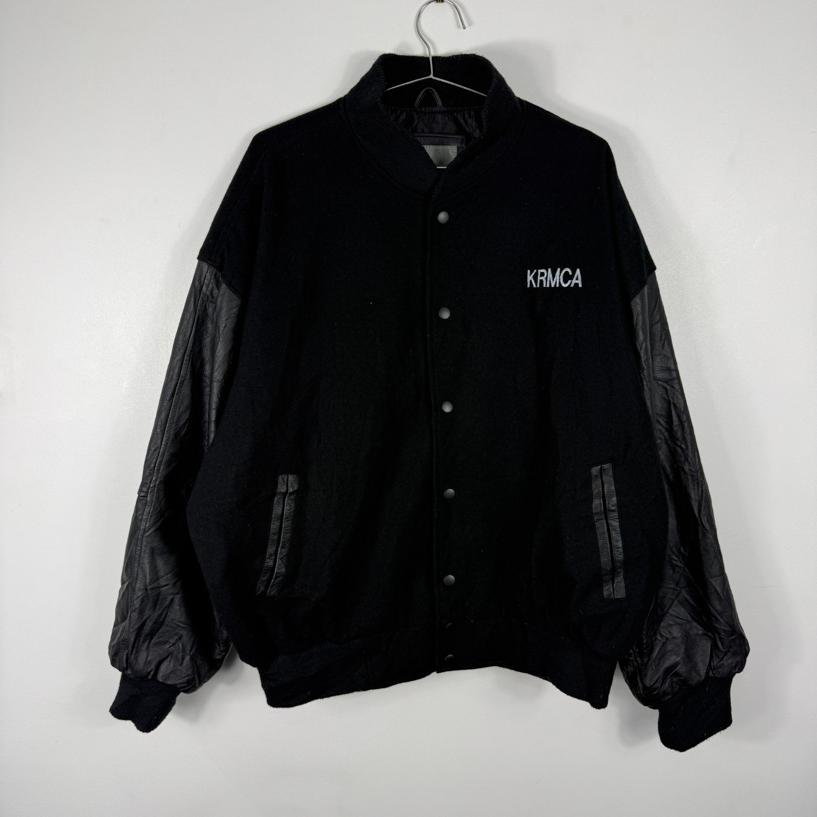 Vintage Burk's Bay KRMCA Black Leather Sleeve Size XL Wool Varsity Bomber Jacket image 8