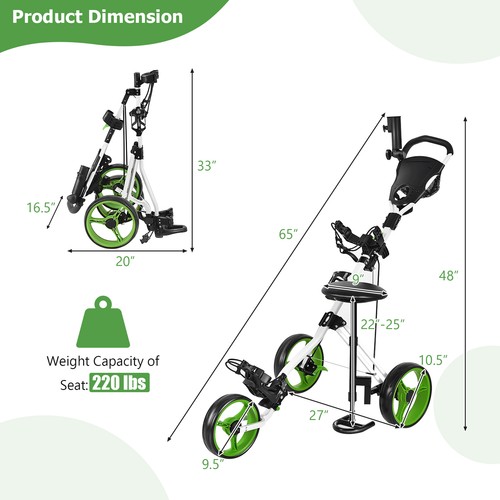 Foldable 3 Wheel Push Pull Golf Club Cart Trolley w/Seat Scoreboard Bag Swivel - Picture 2 of 8