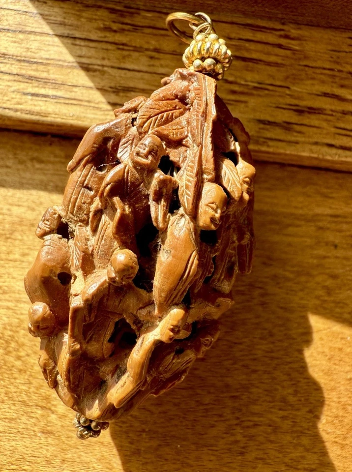 古董中国雕刻水果坑木坚果美达祈祷珠吊坠 — 第 3/4 张图片