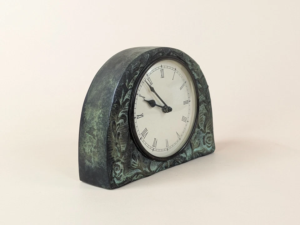 Pendule de Cheminée Art Nouveau en Bronze Massif Jugendstil patine vert de gris - Photo 2/4