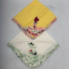 Vtg White Green Yellow Linen Hankies Crinoline Lady Crochet Tatted Lace