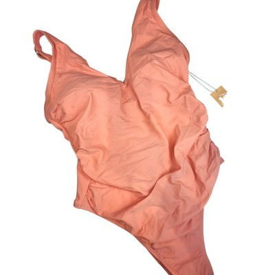 Kona Sol One Piece Swimsuit Womens 18W Peach Ruched V-Neck Tropical 969 NWT
