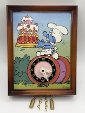 Vintage Rare Smurf Chef Wall Clock Wind Up Pendulum Clock w/ Key Box Peyo