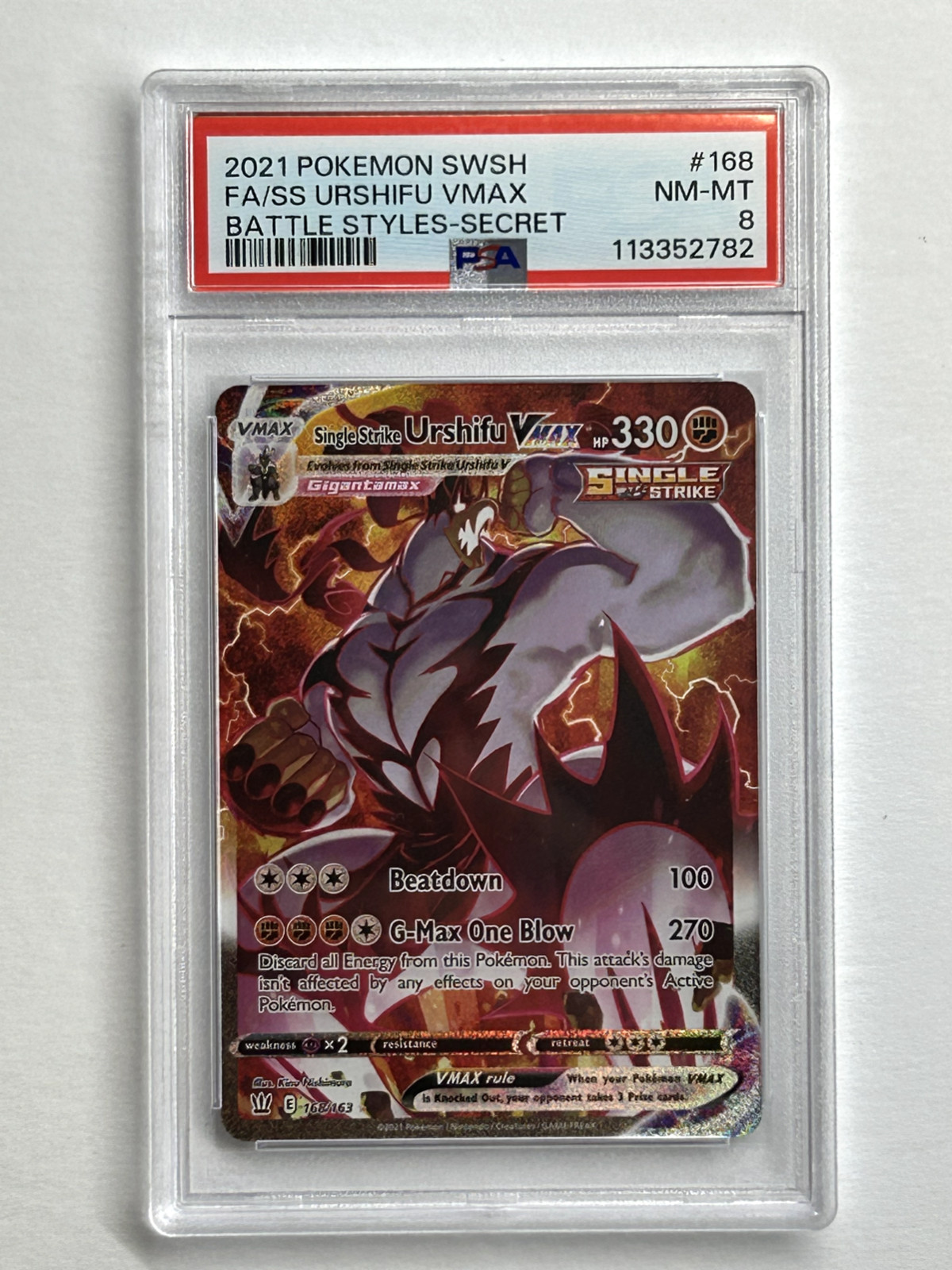 2021 Pokemon SWSH Secret Urshifu VMax Single Strike #168 PSA 8