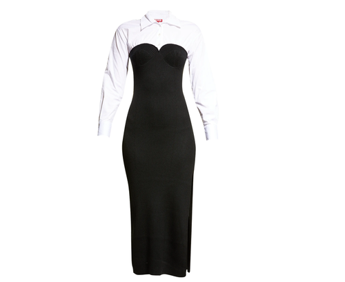 Staud Women's Hazel Long Sleeves Combo Slit Midi Shirt Dress Black u0026 White  | eBay