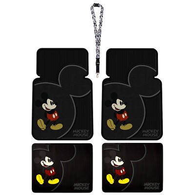 NEW 5PC CLASSIC MICKEY MOUSE CAR TRUCK RUBBER FLOOR MATS KEY CHAIN LANYARD