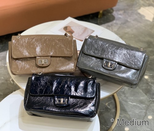 Shiny Real Leather Small Flap Shoulder Bag Purse Double Chains Crossbody Handbag - Picture 5 of 34