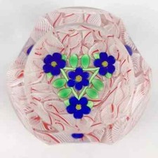 Perthshire PP47 2001 Blue Lampwork Flowers Triangular Design Lace LE Paperweight