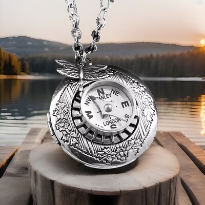 Working Compass Locket Necklace w/ Dragonfly Charm, Navigation Guidance Journey