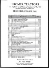 Siromer Flatpack Tractors Price List 2009-10 UK Market Single Sheet Brochure