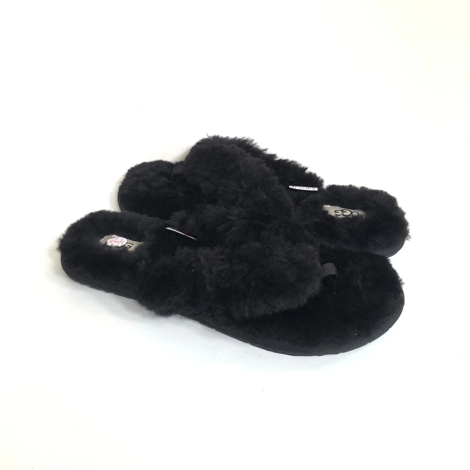 SANDALO INFRADITO UGG FLUFF LOGO NERO SHEARLING TANGA US 11 EU 42 UK 9