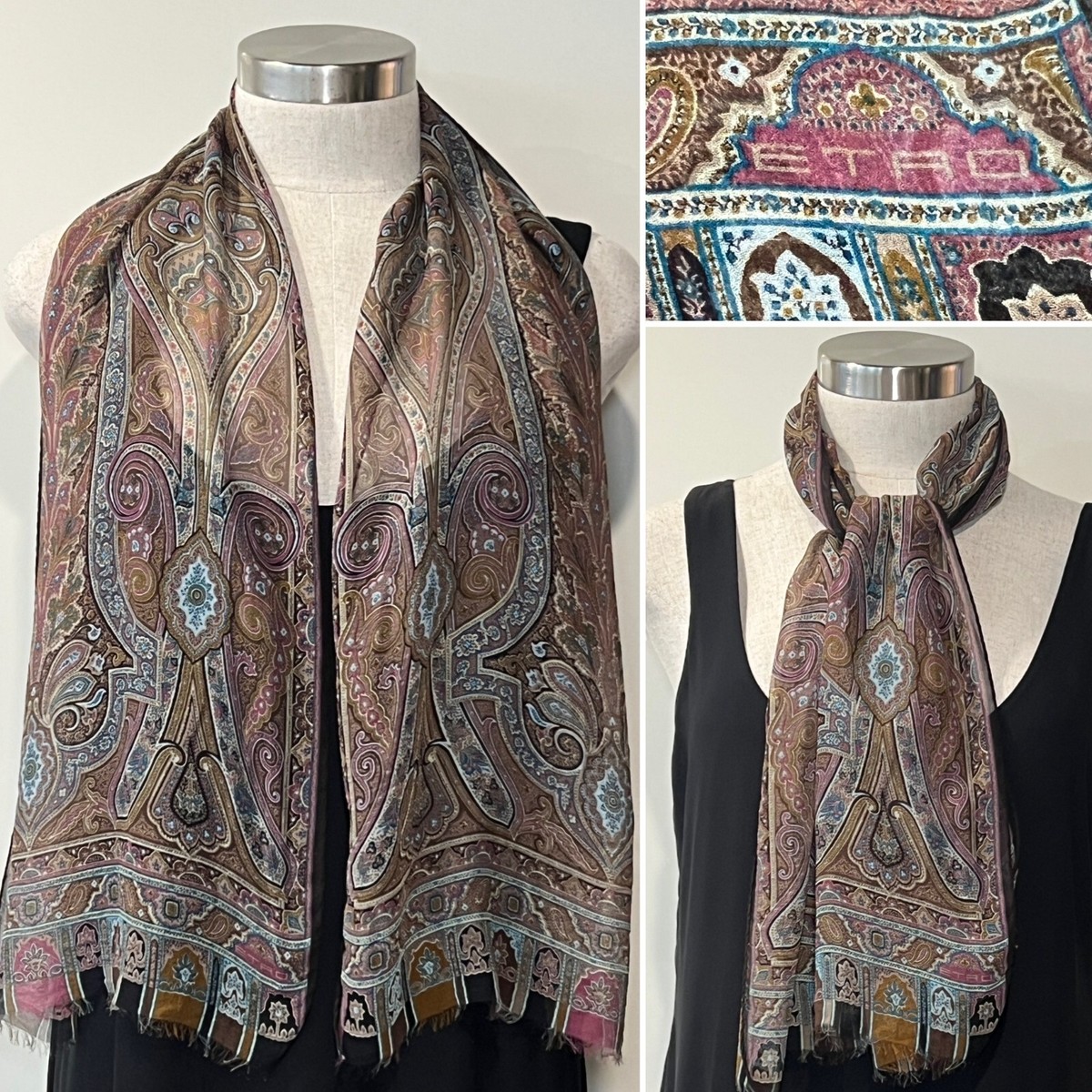 ETRO Milano Silk Chiffon Choc/Plum Paisley Byzantine Scarf