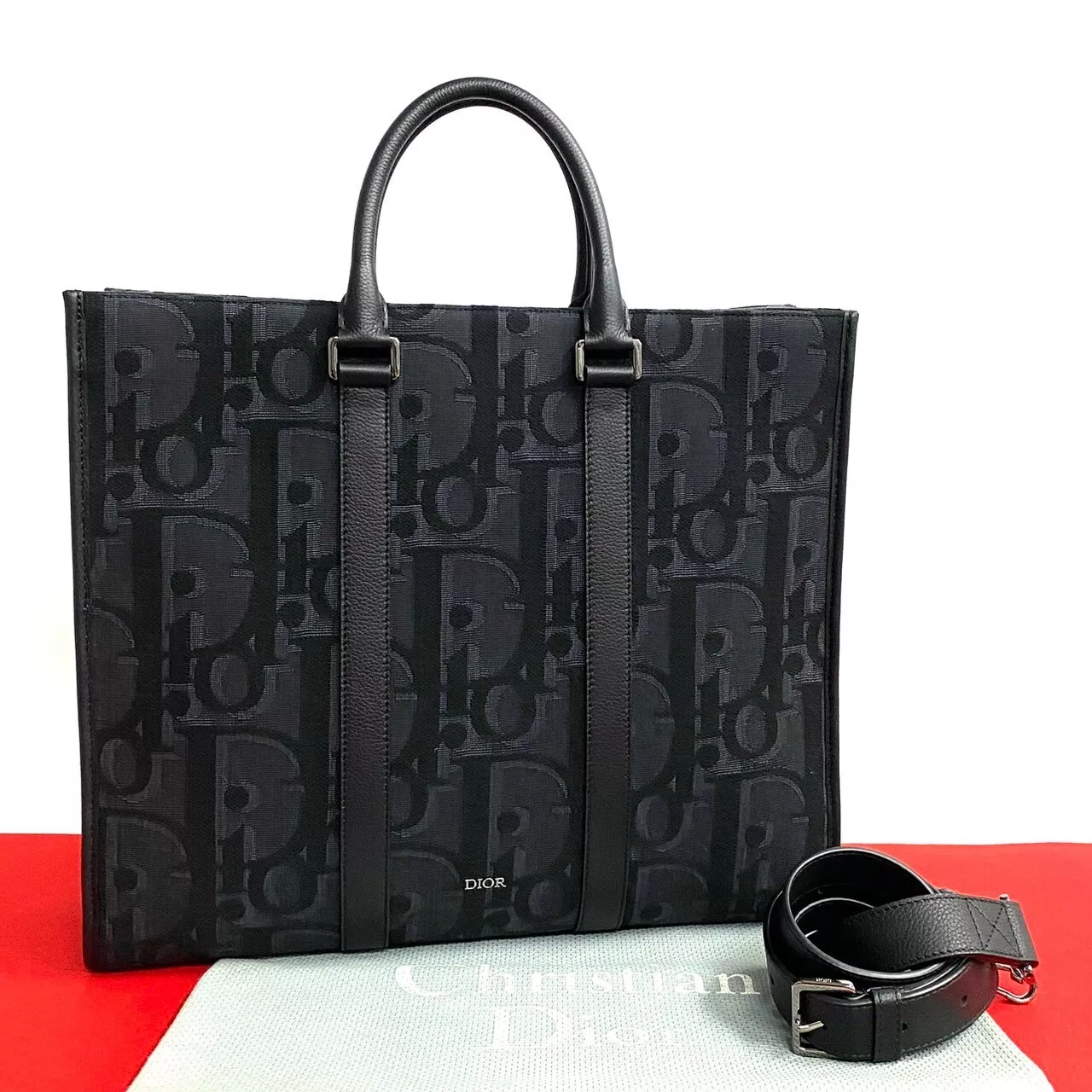 Sac fourre tout Christian Dior East West motif trotteur cuir toile noir 61695