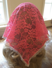 Lace Chapel Veil Handmade Small Bright Pink Silver Trim Catholic Mass Mantilla