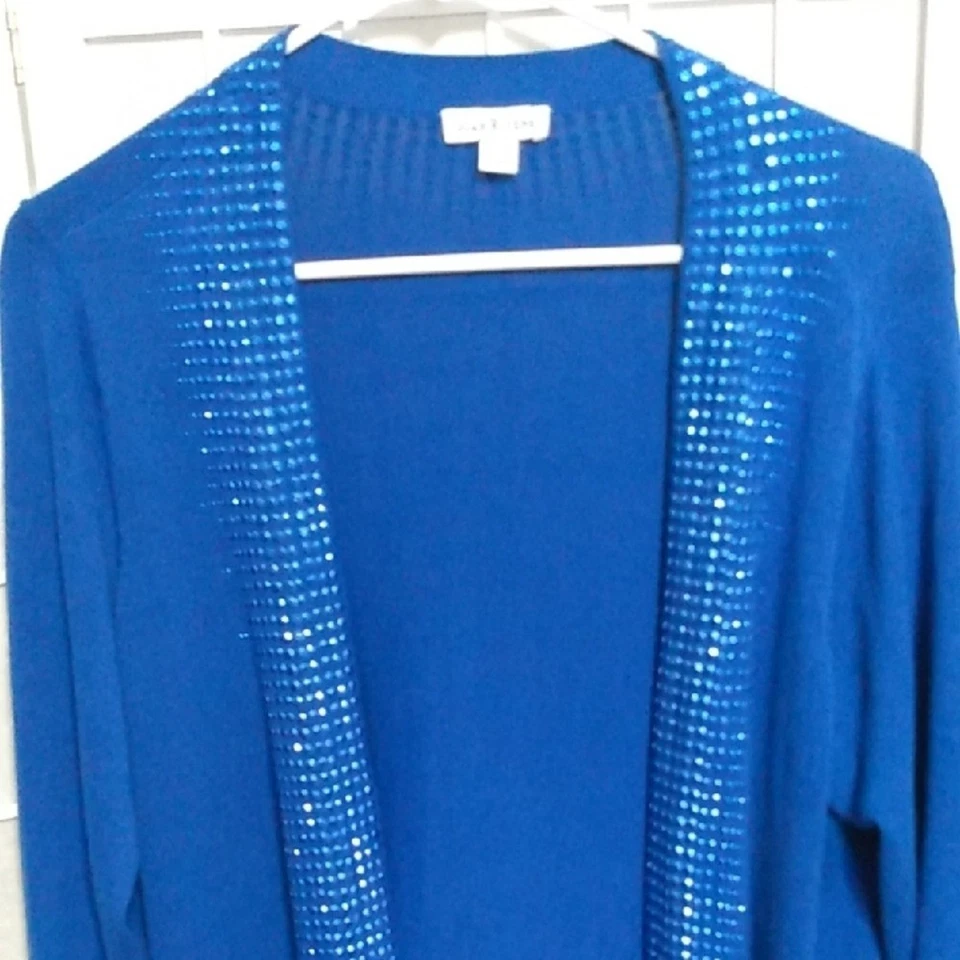 Cárdigan suéter para mujer Joan Rivers azul adornado con lentejuelas talla L Foto 2 de 4