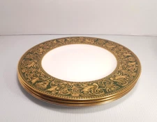 4 Pc. Wedgwood Florentine Bone China Dark Green & Gold 10.75” Dinner Plates