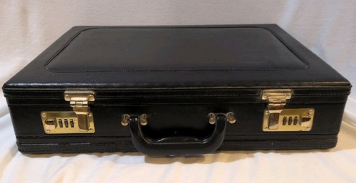 Vintage Black Leather Attache Case Hard Sided Briefcase Brass Combination Lock