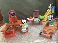 Bluey Figures Grill Barbecue Hot Dogs Salad Picnic Table Benches Slide Go cart