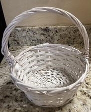 Vintage White Wicker Basket with Handle 10 Inch Tall