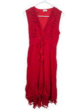 Cupshe Midi Dress Small Red Tassel Eyelet Hi Low Boho Resortwear Vacation Summer