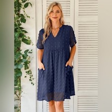 MIHOLL Women’s Sz M Navy Blue Mini Babydoll Short Sleeve Lined Dress Pockets New
