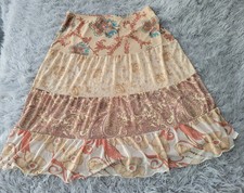 Vintage Y2K Express Floral Paisley Boho Tiered Festival Peasant Midi Skirt Tan L