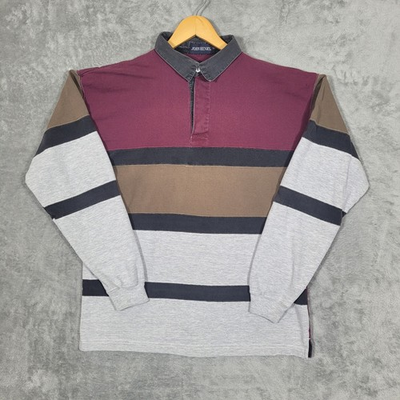 #ad John Henry Rugby Shirt Mens Large Red Gray Color Block Long Sleeve Collared Polo $19.99