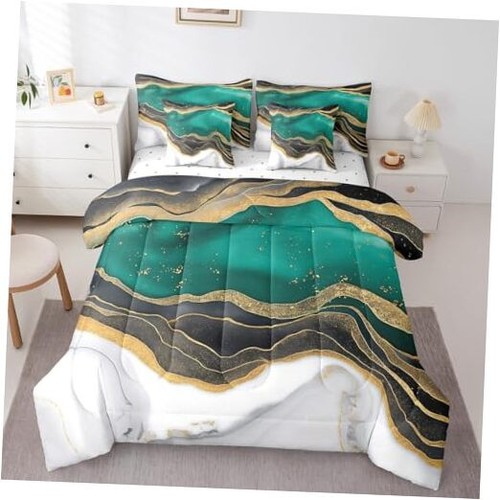 Black Green White Full Comforter Set 7-Piece Watercolor Marble Bedding - Picture 1 of 6