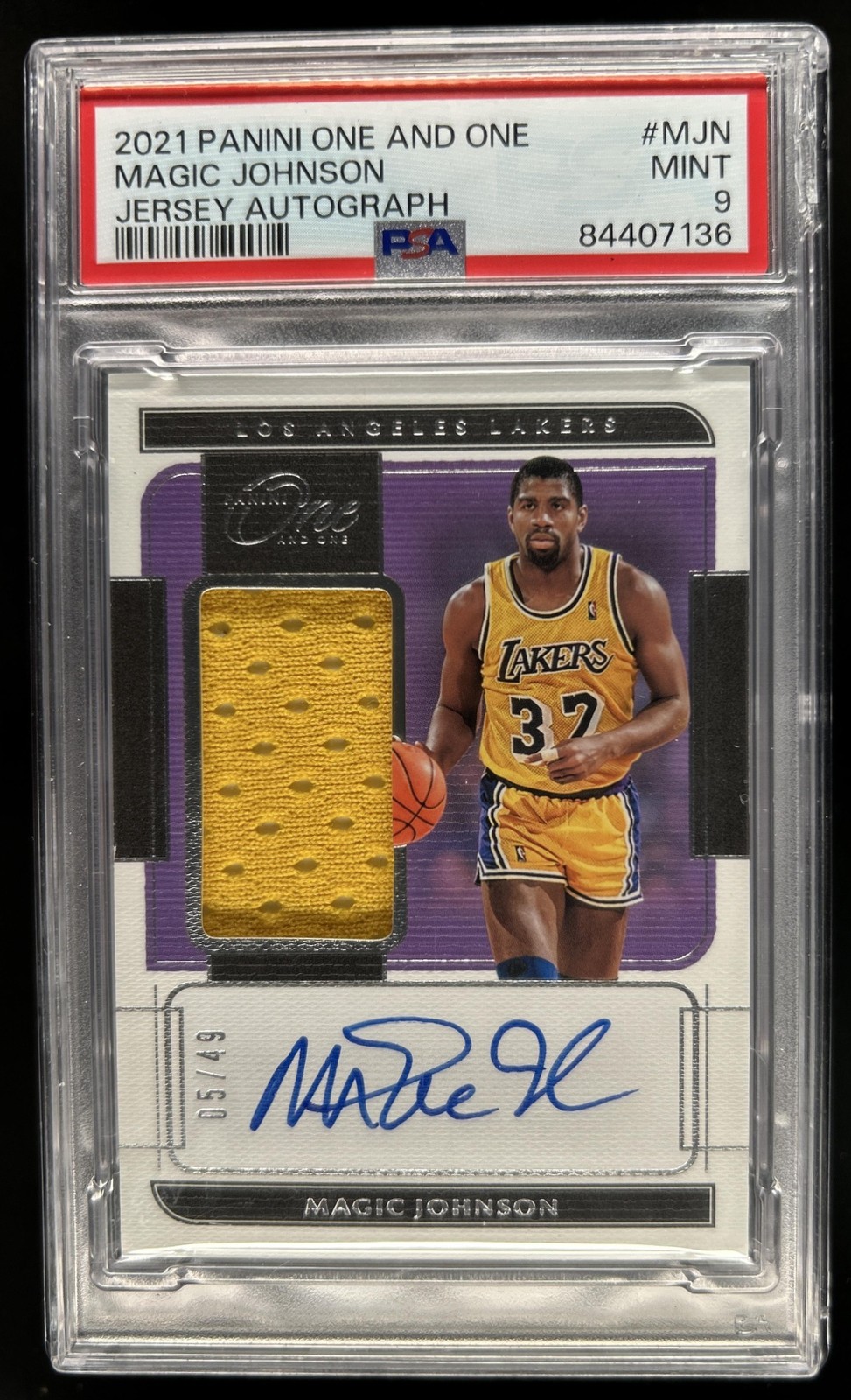 2021-22 Panini One and One Magic Johnson Jersey Auto Autograph #/49 Lakers PSA 9
