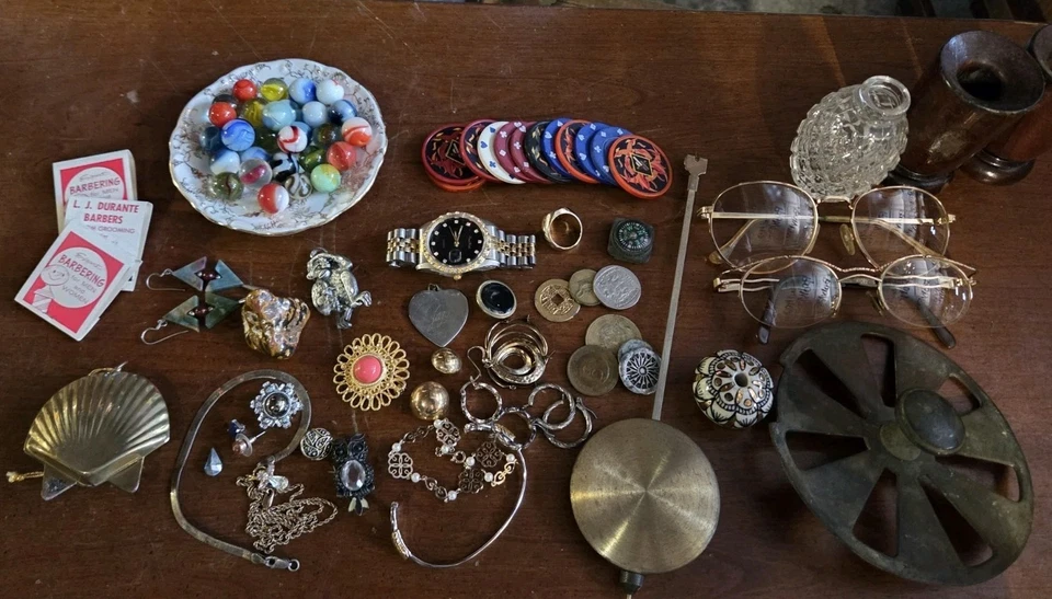 Lote de cajones de chatarra de colección artículos diversos canicas coincide con relojes joyas .925 Foto 2 de 4