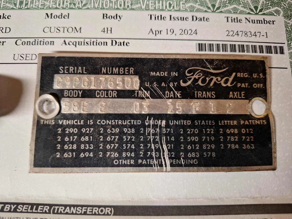 Ford Custom 300 1959 sedán de 4 puertas etiqueta de datos y envío en papel a todo el mundo Foto 2 de 2