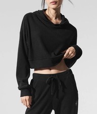 ALO Yoga Black Muse Ribbed Cropped Hoodie Women s Athleisure Size Small