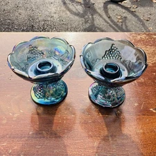 Set of 2 Vintage Indiana Blue Carnival Glass Harvest Grape Candle Stick Holders