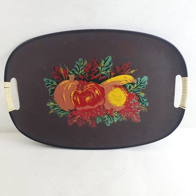 Vintage Oval Serving Tray Dark Brown Fruit Harvest Design Rattan Handles Home