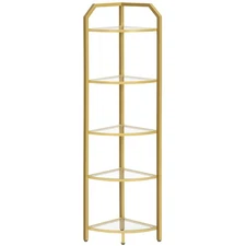 5-Tier Corner Shelf Stand, Gold Corner Bookshelf, Tempered Glass Shelves, Bat...