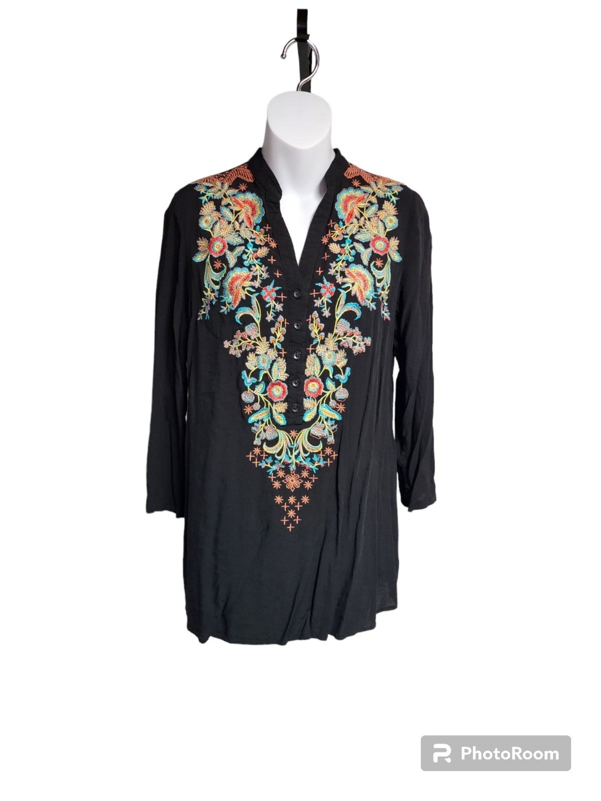 Solitaire Black Button Down Embroidered Tunic blo… - image 1