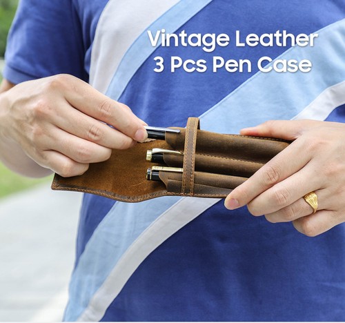Vintage Crazy Horse Leather Pen Case Handmade 1 2 3 Slots for Fountain Pens - Picture 11 of 17
