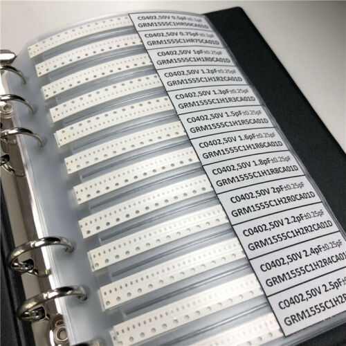 Kit surtido de condensadores de chip 0402 SMD 0.5pF ~ 1uF 94Valuesx50 libro de muestra muRata - Imagen 2 de 3
