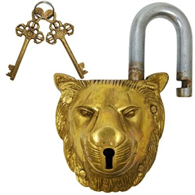 Solid & Sturdy Brass Lion Padlock (3.25''Lx5.5''Tx2''W) w 2 Keys(3.7''Hx1.5''W)