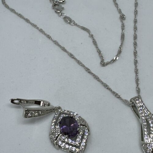 Plata Lab-Created Amatista Violeta/Colgante Topacio Collar Y Pendiente Set Caja - Imagen 7 de 9
