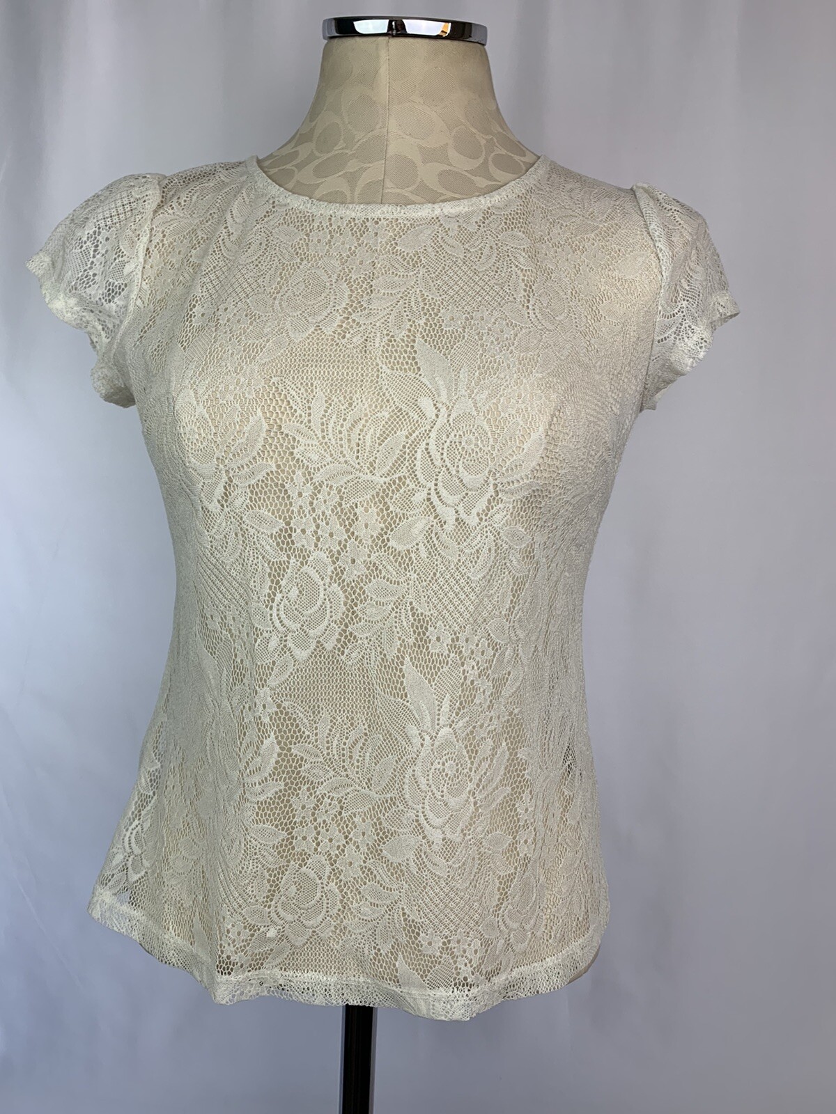 Top donna Small bar III prima fila pizzo avorio manica corta trasparente dettaglio cerniera